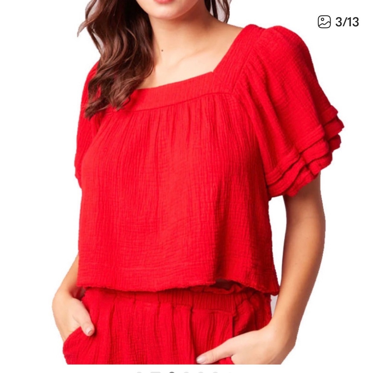 Bog Collective Red Cotton Gauze Puff Sleeve Square Neck Crop Top Small Nwot